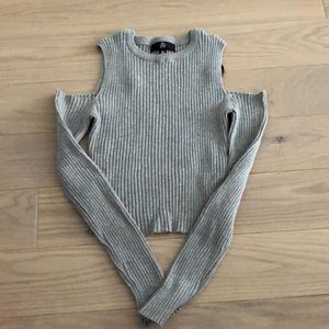 MISSGUIDDED gray ribbed open shoulder sweater.